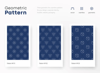 Set of seamless geometric patterns. Blue and white line backgrounds collection. Endless repeating linear texture for wallpaper,packaging, banners, invitations, business cards, fabric print, firm stile