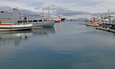 ships and shore of the bay in Reykjavik