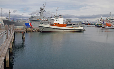 ships and shore of the bay in Reykjavik - 342748050