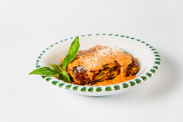 Italian cuisine dish lasagna casserole isolated