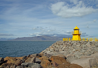 Lighthouse at the entrance to Reykjavik harbor - 342748476