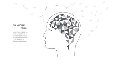 Polygonal brain. Concept of thinking human, visualization of process of thinking. Black white vector illustration. Low poly.