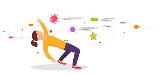Woman dodging reflects bacteria. Virus prevention concept. Protecting immune system from bad bacteria. Barrier against viruses.