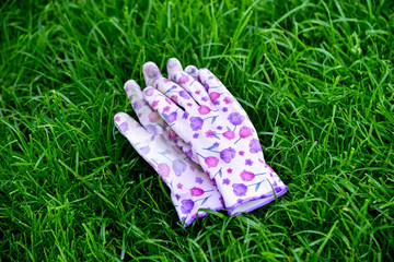 colorful garden gloves on a green grass