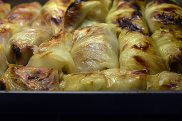Baked cabbage rolls (kaalikääryleet in Finnish) on casserole. Close up image of popular traditional food in Finland.
