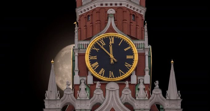 Full moon on the background of the clock of the Kremlin Spasskaya tower in Moscow Time Lapse.