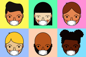 Multiracial faces icons with face masks on colorful background
