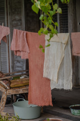 authentic house, villa in rural Balinese, with natural decor, in the form of drying fabrics on the terrace