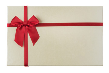 Flat beige box with a red bow isolated on white