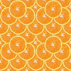 Seamless pattern of juicy slices of orange in the form of tiles. Design for packaging and...