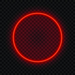 Neon round lamp wall sign isolated on transparent background. Vector neon shape. Glow frame border. Red light lamp. 3D luminous shine. Stock vector illustration.