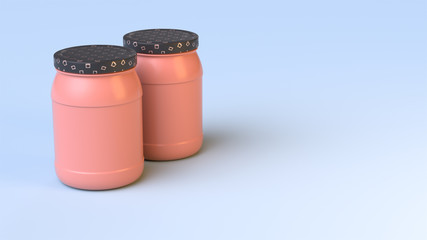 Two pink plastic jars with black caps isolated on a soft background. 3d render