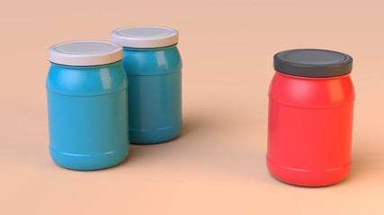 Two blue plastic jars with white caps and one red jar with black cup isolated on a soft background. 3d render. 