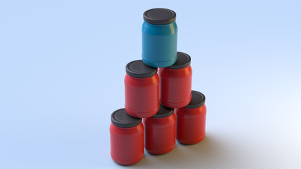 The pyramid of red plastic jars with black caps isolated on a soft background. One blu jar is on top. 3d render. 