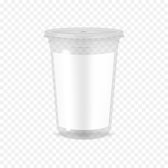 Clear empty plastic cup with flat lid and blank label on transparent background, realistic mock-up. Disposable to go beverage mug, vector template