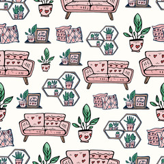 Hand drawn Seamless pattern set. Interior, furniture, potted flowers, flower shelves, photo frames, pillows. Vector illustration in doodle color style. Background for posters, textiles, wallpaper.