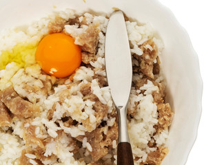 Chinese cooking, mince pork and beef mixed on jasmine rice for hot pot rice image