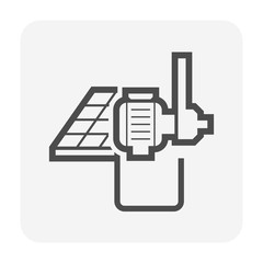 Water pump icon. Consist of centrifugal pump, pipe and solar panel. Powered by electric motor with solar energy. To produce flow and pressure, distribution and supply water for plumbing, irrigation.