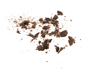 Broken chocolate with small piece isolated on white background.