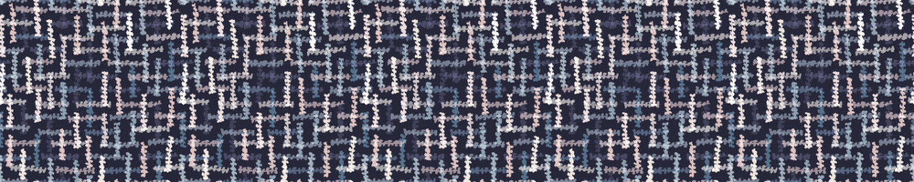 
Indigo Blue Doodle Woven Criss Cross  Seamless Border Pattern. Sketchy Vector Texture Background. Modern Dark Navy Banner Weave. Hand Drawn Quirky Ribbon Edge. Masculine Home Deco Textile Ribbon Trim