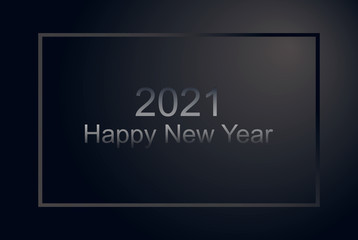 Happy 2021 New Year sign premium silver style horizontal poster. Black matte corporate banner, party flyer with frame, holiday invitation card.Greeting card. Vector gradient illustration.