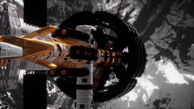 futuristic spaceship near the Earth. Elements of this image furnished by NASA
