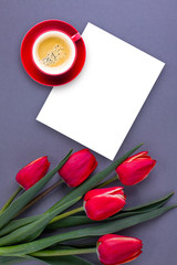 Background with flowers and a cup of coffee, a sheet of paper with place for text. Red tulips lie on a gray background.