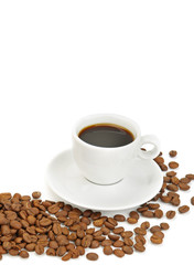 White cup of black coffee and coffee beans isolated. Free space for text.