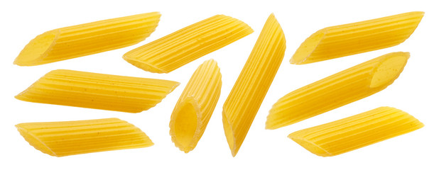 Raw italian penne rigate pasta isolated on white background - obrazy, fototapety, plakaty