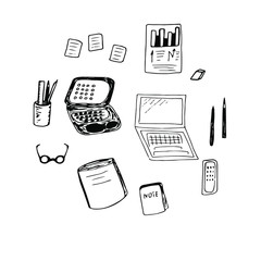 Set of online work, office, vector illustration, laptop, papers, pen,  alarm clock, glasses, hand drawing