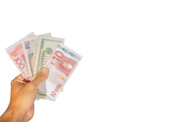 Many currency bangknote in hand with white background