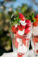 Fresh strawberries with yoghurt and whipped cream. Breakfast time. Healthy food. Delicious dessert sugar free. Vegetarian dish. Spring time 