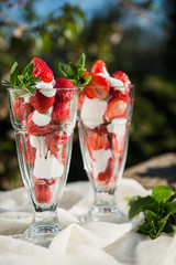 Fresh strawberries with yoghurt and whipped cream. Breakfast time. Healthy food. Delicious dessert sugar free. Vegetarian dish. Spring time 