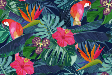Summer seamless pattern with tropical palm leaves, flowers, parrot. Jungle fashion print. Hawaiian background. Vector illustration