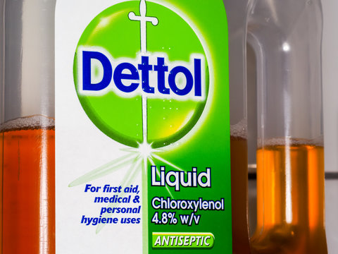 London, England, UK. 25th April 2020. Close-up of a bottle of Dettol label. A household disinfectant. Helps kill viruses, bacteria and germs. Coronavirus, lockdown, domestic cleaner.