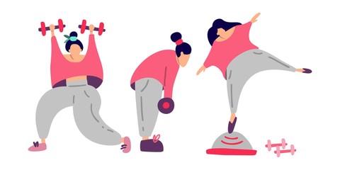 Hand drawn vector illustration, concept of home sports training and home gym. Sport and coach online. Sports marathon online training. The girl goes in for sports at home.