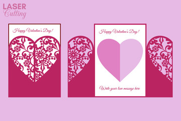 Laser cut template of gate fold card with decorative flowers patterned heart for brochures, wedding invitations or Valentine's Day greeting card.