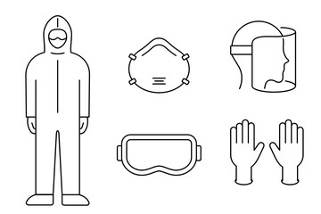 Coronavirus prevention equipment line icon set. Protective suit, mask, gloves, goggles, face shield. Black outline on white background. PPE personal protection. Precaution measures. Vector, clip art. 