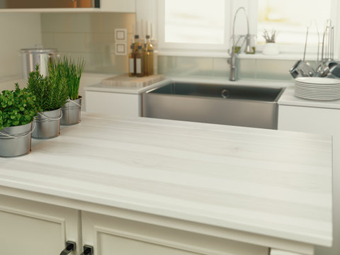 Kitchen countertop. Luxury Modern bright kitchen, 3d rendering