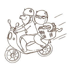 Two cartoon cats riding a bike with helmets and laundry basket. Vector outline funny illustration. Coloring book page.