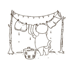 Outline cartoon cat hanging up laundry. Vector hand drawn illustration of an animal doing housework with clothes and laundry basket. Coloring book page.