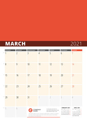 Corporate design planner template for March 2021. Monthly planner with place for photo. Stationery design. Week starts on Monday.