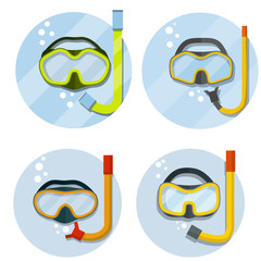 Set of Scuba gear. Snorkel and glasses. Cartoon flat illustration. Rest and entertainment in sea and ocean. Clothing of diver. item for diving and swimming under water