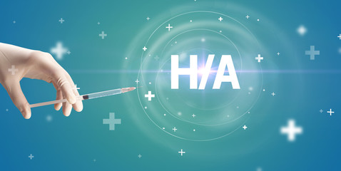 Obraz na płótnie Canvas Syringe needle with virus vaccine and H/A abbreviation, antidote concept
