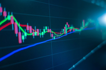 Stock market trading graph and candlestick chart on screen monitor for financial investment and economic concept.
