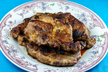 Juicy, delicious beef steak cooked in a frying pan