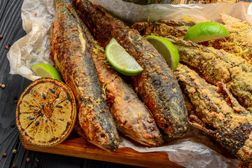 Assorted seafood appetizers, fried fish, mussels and shrimp