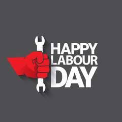 1 may Happy labour day vector label with strong protest fist isolated on grey background with rays. vector happy labor day background or banner with man hand. workers may day poster
