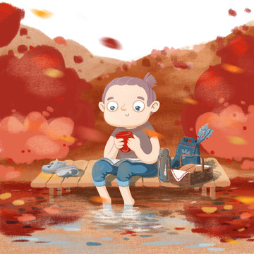Little cartoon girl surrounded by autumn forest sitting on the pier with feet in water and holding smartphone. Colorful hand drawn illustration.