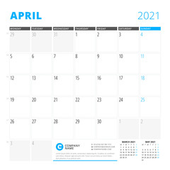 Corporate design planner template for April 2021. Monthly planner. Stationery design. Week starts on Monday.